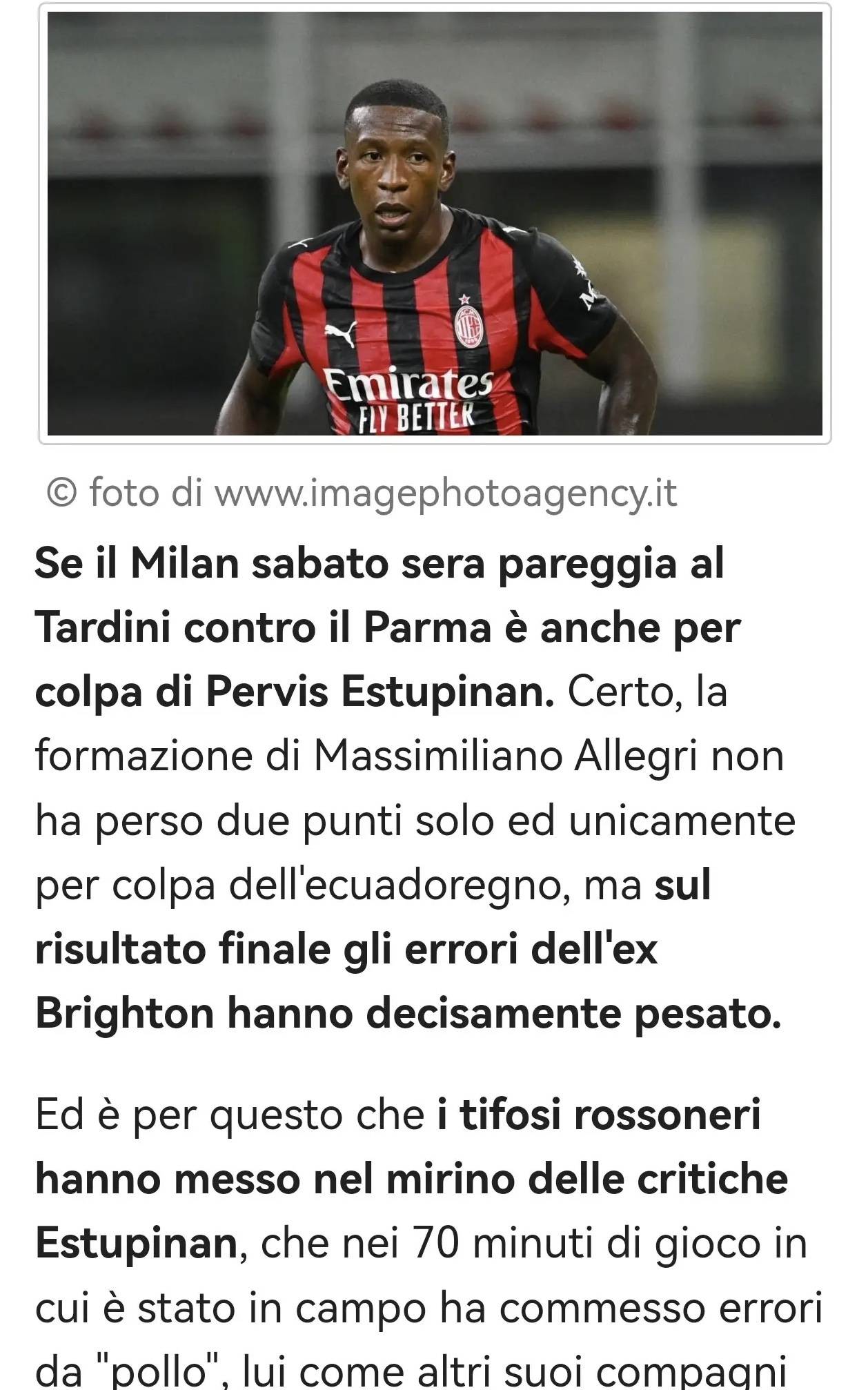 สื่อรายงานจากเซเรียอา: มิลานเสมอกับปาร์มา 2-2; เอสตูปินานและโฟฟาน่าเผชิญกับเสียงวิจารณ์จากแฟนบอล ต้องปรับปรุงผลงาน_ความผิดพลาดของปาร์มา_